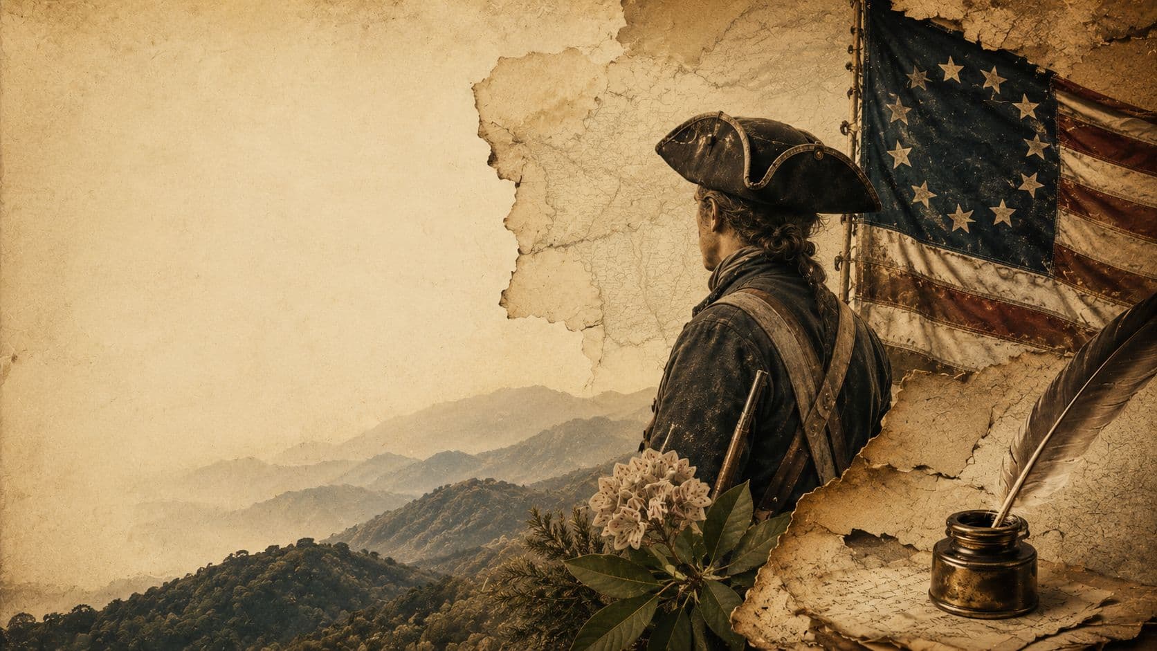 A colonial militiaman stands before the Blue Ridge Mountains, with a 13-star flag, quill, and period map — the landscape of western North Carolina during the Revolutionary War.